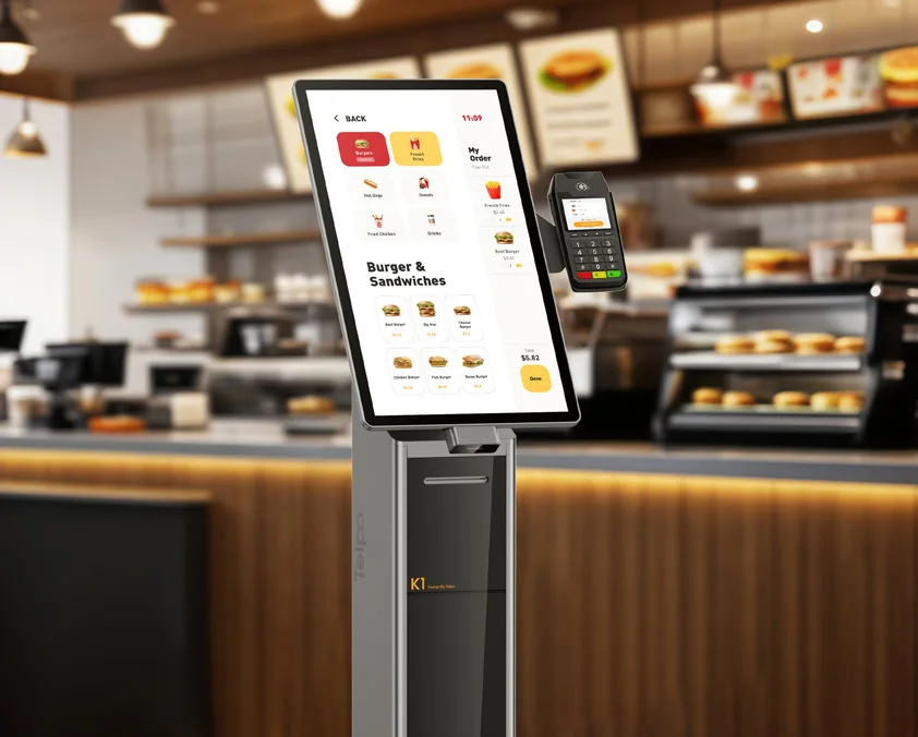 Borne de commande sur pied dans un restaurant, menu et paiement par carte