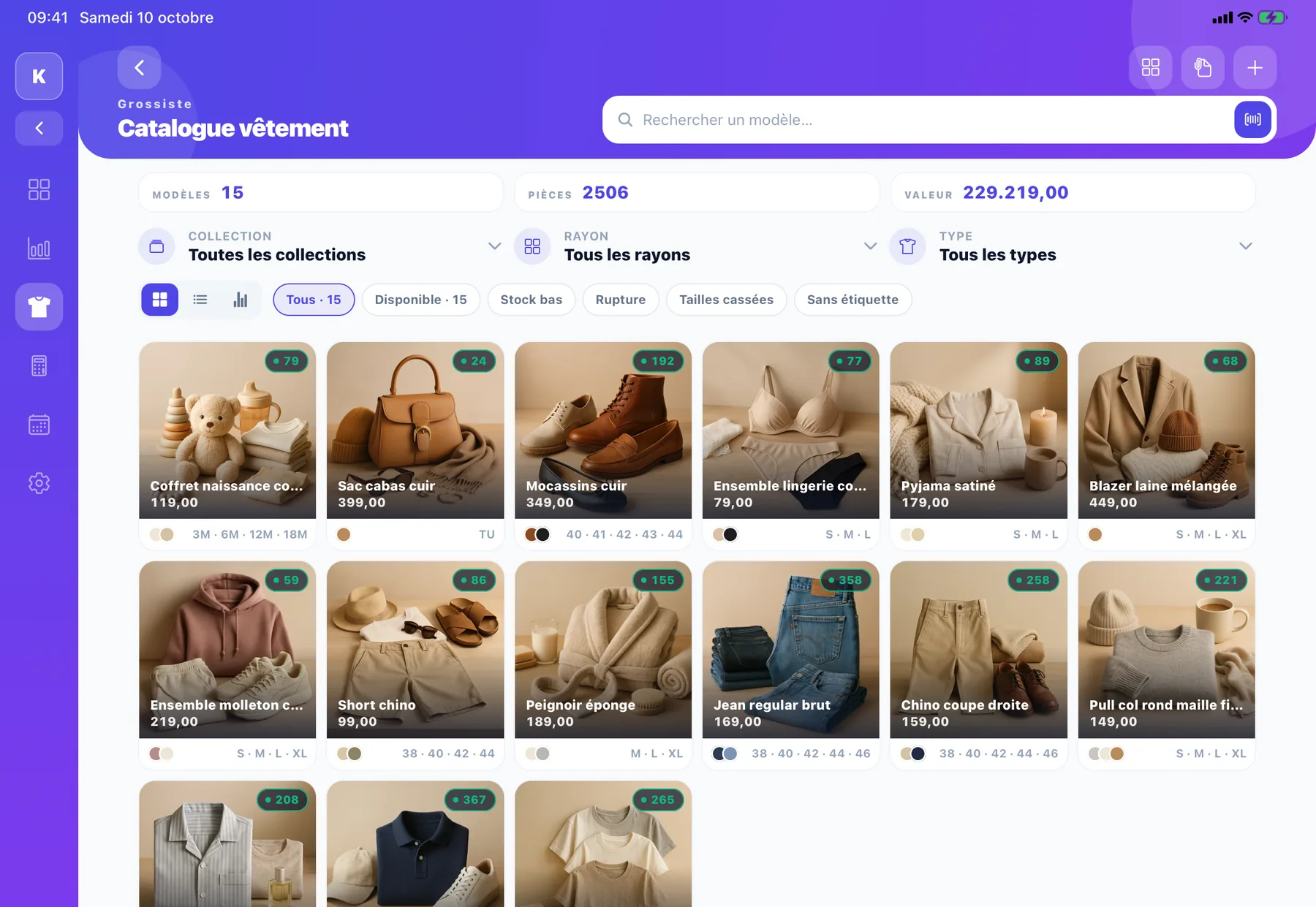 Sella Business sur tablette : catalogue vêtement d’un grossiste, 15 modèles en photos avec tailles, couleurs et stock